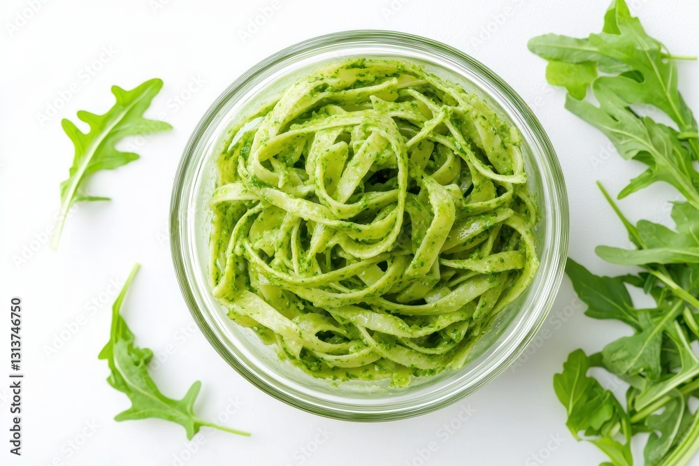 Pesto Pasta Delightful Bowl Fresh Arugula Culinary Artwork Flavorful Italian Dish Delicious Vegan Meal Organic Food Top View Pesto Pasta Delightful Bowl Fresh Arugula Culinary Artwork Flavorful Italian Dish Delicious Vegan Meal Organic Food Top View