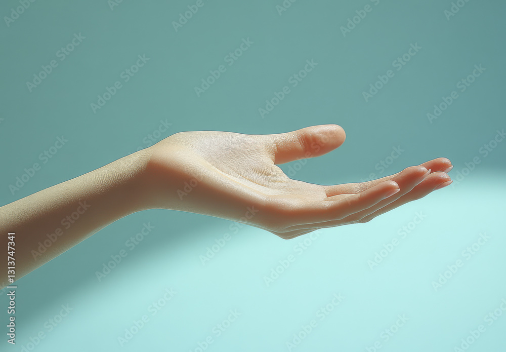 woman hand reaching out against light blue background, symbolizing openness and connection. soft lighting enhances delicate features of hand woman hand reaching out against light blue background, symbolizing openness and connection. soft lighting enhances delicate features of hand