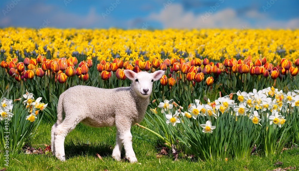 Lamb in Flower Meadow. Spring landscape with lamb on background of blooming daffodils. Pastoral, idyllic, spring scenery Lamb in Flower Meadow. Spring landscape with lamb on background of blooming daffodils. Pastoral, idyllic, spring scenery