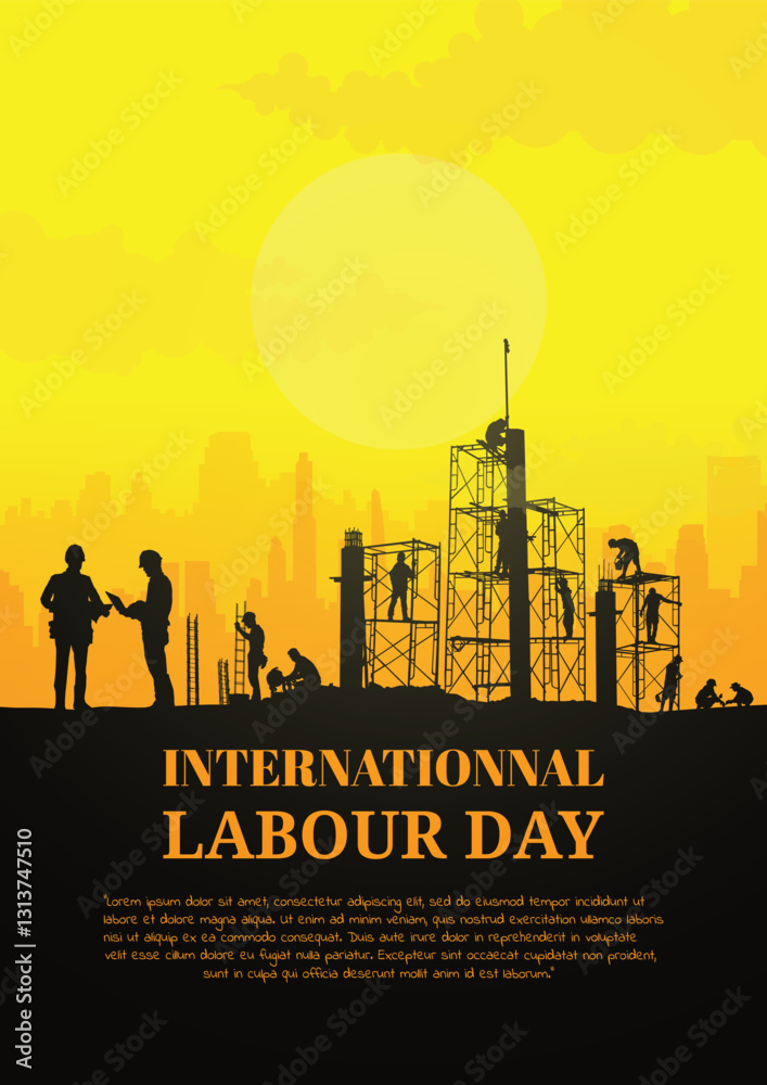 Obraz premium Construction vector background, Worker in a building site, Labour day background.