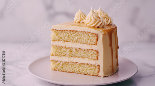 A classic salted caramel cake with moist vanilla sponge layers, filled and topped with rich salted caramel buttercream and a caramel drizzle, clean background photo