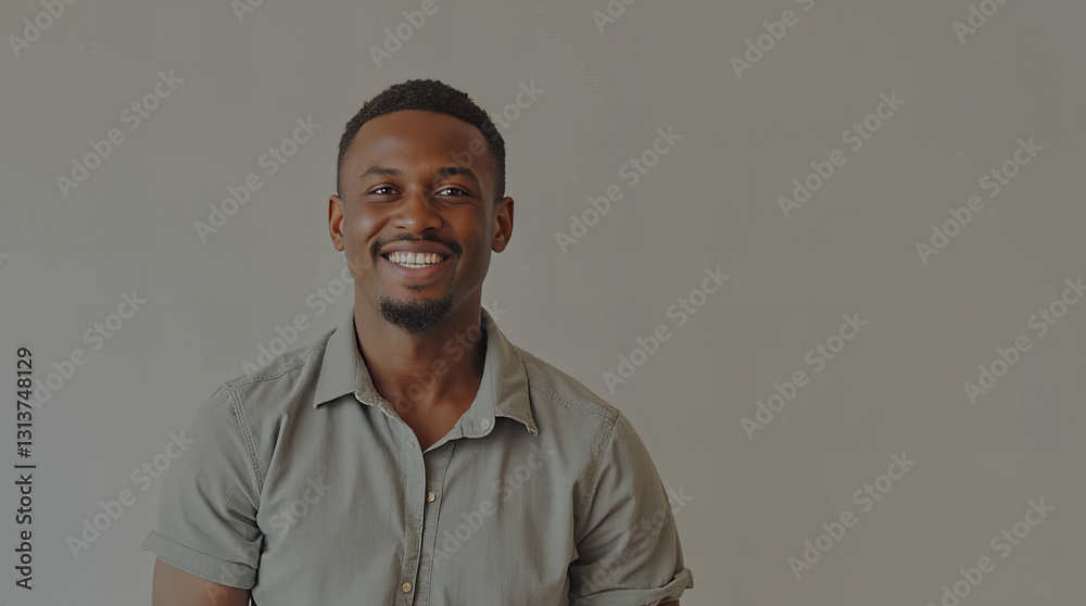 Obraz premium Smiling Young Man in Casual Shirt – Confident and Friendly Portrait with Neutral Background