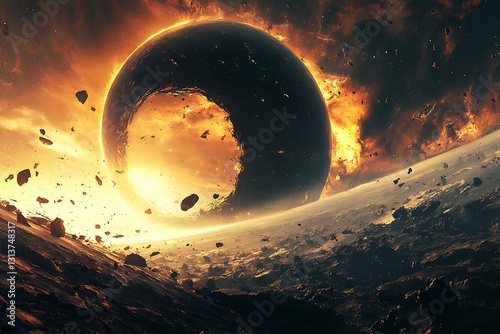 Burning planet explosion in space; cosmic, apocalyptic background; for sci-fi visuals