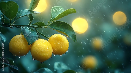 A soft moonlit glow illuminating limes on a branch in the still night air