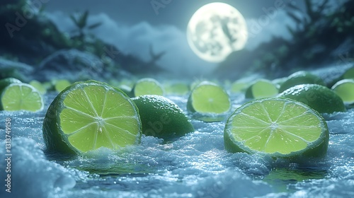 A nighttime close-up of limes glowing softly under the pale moonlight