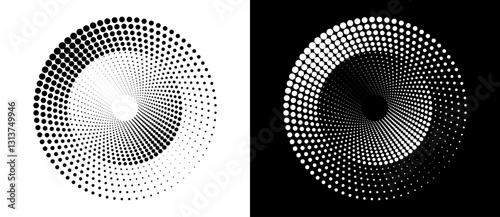 Modern abstract background. Halftone dots in circle form. Spiral logo, icon or design element. Black dots on a white background and white dots on the black side.