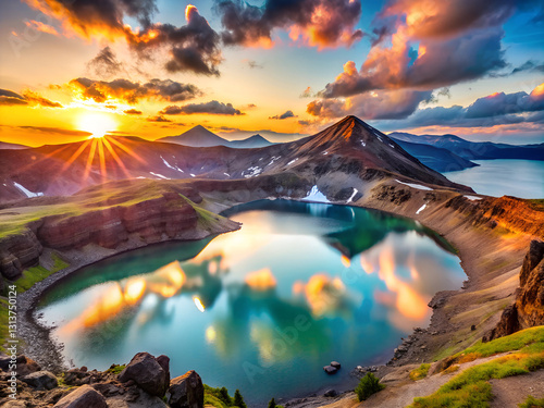 Lake in the crater of gorely volcano in kamchatka peninsula, russia. Beautiful landscape at sunrise. photo
