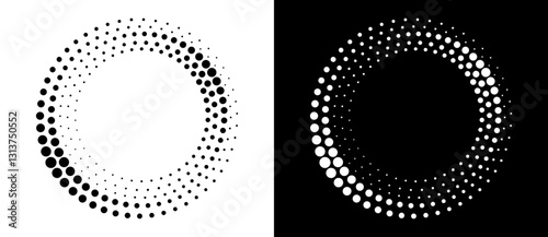 Modern abstract background. Halftone dots in circle form. Spiral logo, icon or design element. Black dots on a white background and white dots on the black side.
