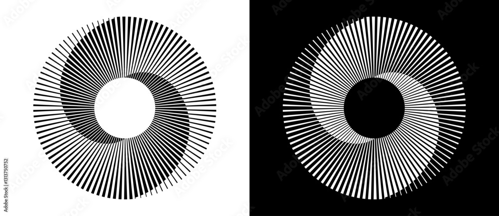 Set of circles with lines. Lines in one color with different thickness. Black spiral on white background and white spiral on black background. Dynamic design element, logo or icon.