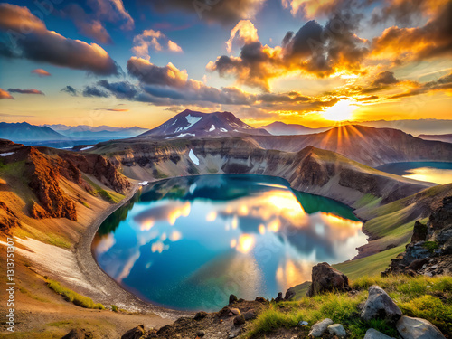 Lake in the crater of gorely volcano in kamchatka peninsula, russia. Beautiful landscape at sunrise. photo