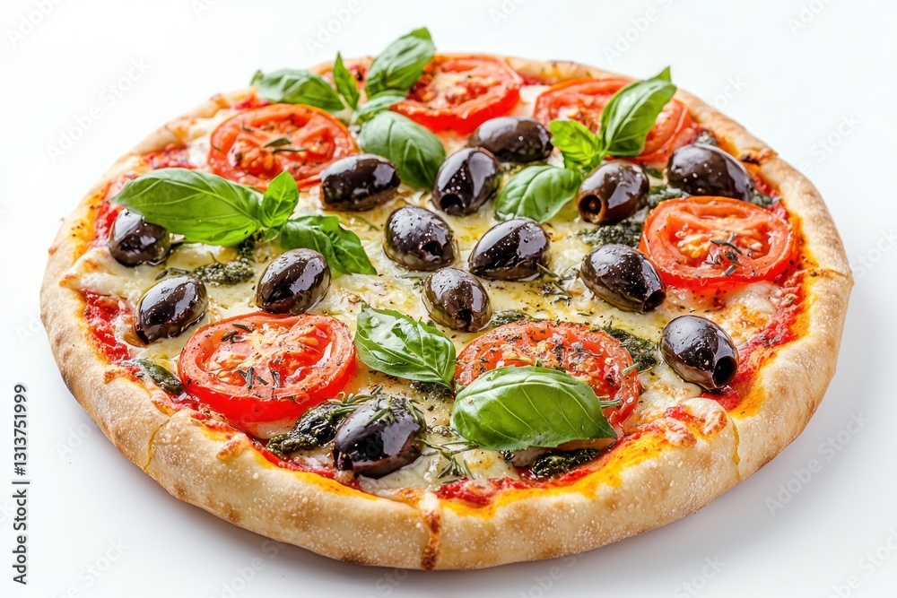Delicious pizza on white featuring fresh basil juicy tomatoes mozzarella cheese and black olives Italian cuisine Delicious pizza on white featuring fresh basil juicy tomatoes mozzarella cheese and black olives Italian cuisine