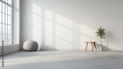 A stylish empty room with Scandinavian decor, featuring smooth white walls, light gray flooring, and simple geometric architectural details.