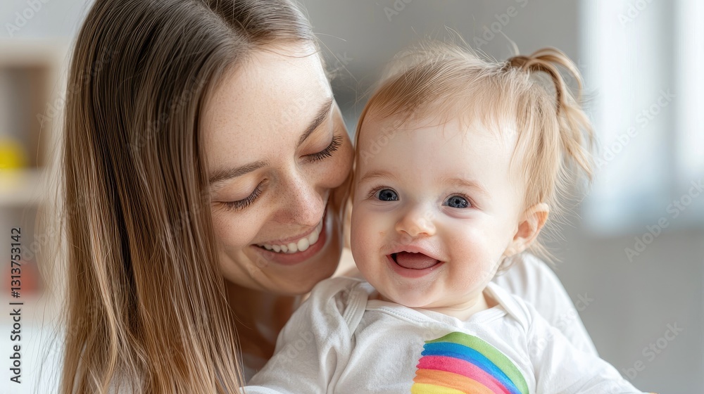 Smiling Caucasian Mother and Happy Infant Enjoy Tender Loving Moment Smiling Caucasian Mother and Happy Infant Enjoy Tender Loving Moment