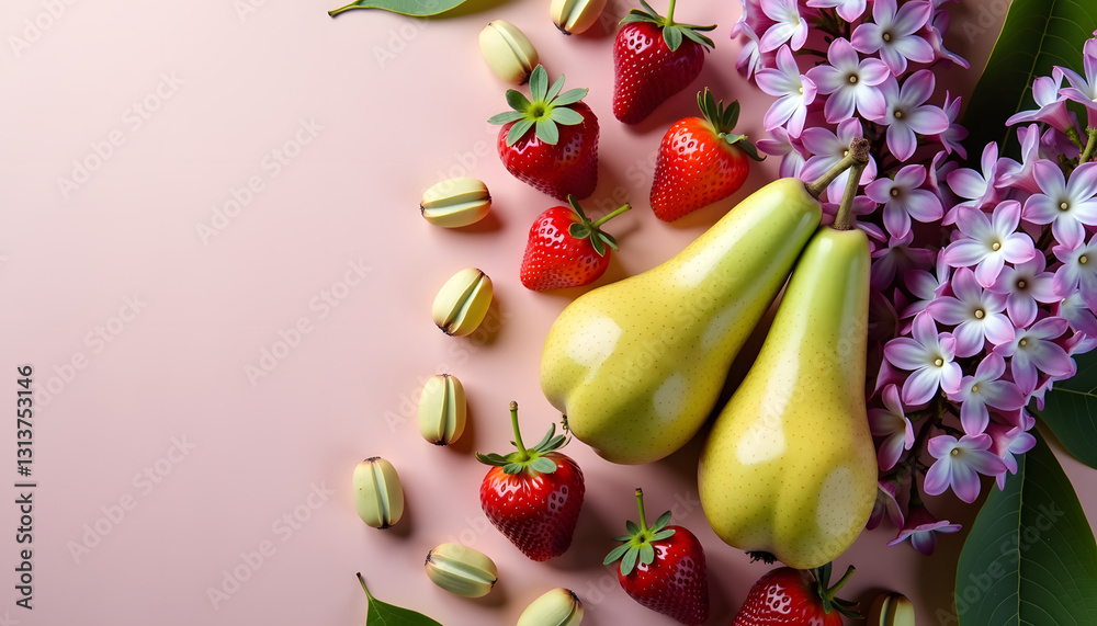 Fototapeta premium Fresh pears, strawberries, and lilac flowers arranged on pastel pink background with copy space 