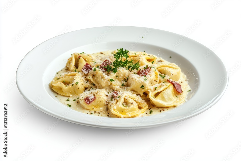 Gourmet Tortelloni in Creamy Sauce with Bacon and Parmesan on White Plate Delicious Italian Cuisine Gourmet Tortelloni in Creamy Sauce with Bacon and Parmesan on White Plate Delicious Italian Cuisine