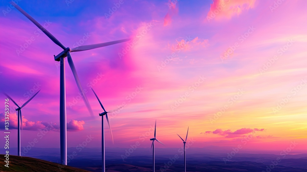 Obraz premium Vibrant Sunset Over Wind Turbines in Scenic Rural Landscape