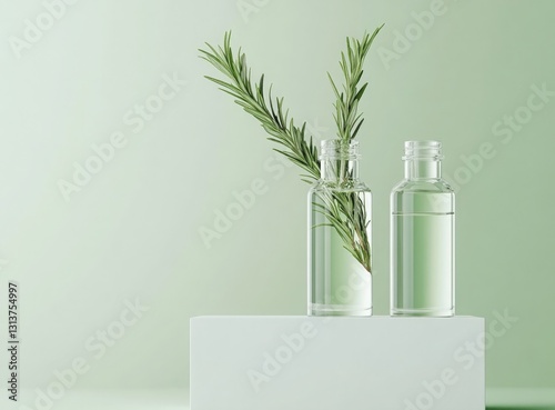 Two glass vials filled with transparent liquid and rosemary leaves on top, placed next to one another against a light green background