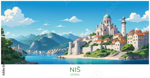 Niš Serbia Travel Poster Flat Illustration Print Decor Gift Canvas Wall Art photo