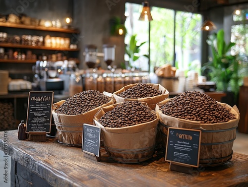 Fresh coffee beans in rustic baskets display. photo
