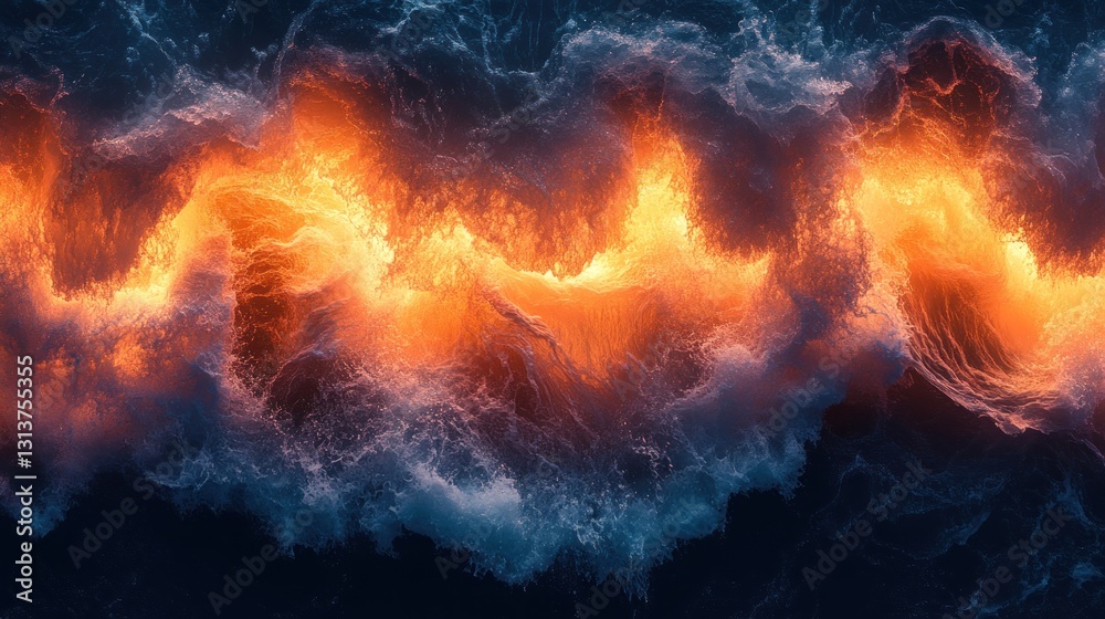 Fiery waves crashing, dark ocean backdrop, abstract art, digital design Fiery waves crashing, dark ocean backdrop, abstract art, digital design