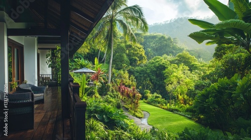 Serene Tropical Landscape from a Cozy Porch in Lush Nature