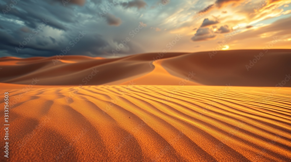 Naklejka premium Golden sand dunes with rippled textures under a dramatic sky with storm clouds and a vibrant sunset, showcasing a vast desert landscape