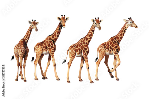 Giraffe Quartet: Four giraffes, each in a different pose, stand side by side against a plain background. Their distinctive patterns and long necks are clearly visible.