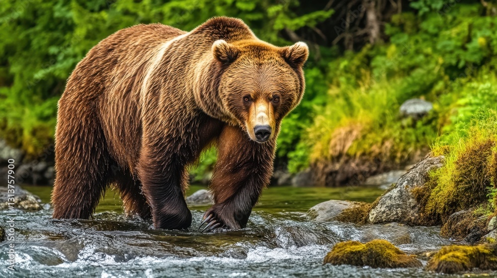 Grizzly bear wading through a clear stream surrounded by lush green forest, capturing wildlife in nature Grizzly bear wading through a clear stream surrounded by lush green forest, capturing wildlife in nature