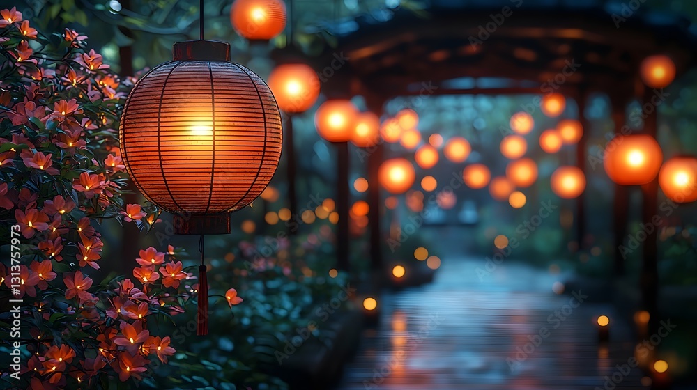 Enchanting Lantern Lit Gazebo Surrounded by Serene Forest at Dusk Enchanting Lantern Lit Gazebo Surrounded by Serene Forest at Dusk