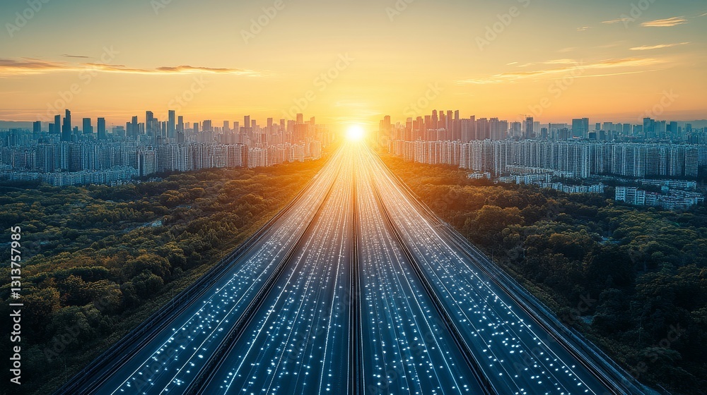 Fototapeta premium Metropolitan dynamism aerial perspectives urban sprawl at sunset vibrant metropolis connecting cityscape transportation