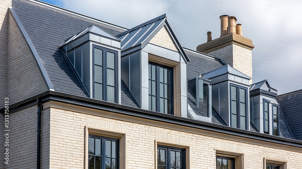 A unique architectural detail of a British-inspired house with a matte silver aluminum roof, soft beige brick walls, and gray-painted wooden window frames for a refined aesthetic. A unique architectural detail of a British-inspired house with a matte silver aluminum roof, soft beige brick walls, and gray-painted wooden window frames for a refined aesthetic.