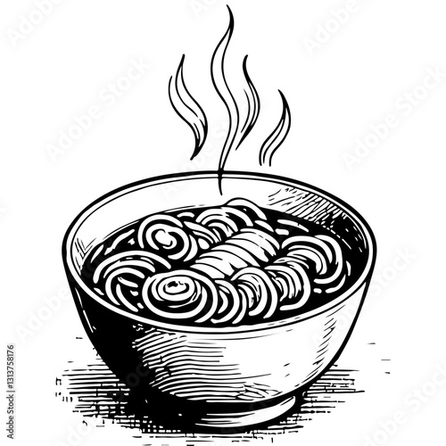 A bowl of steaming noodles, illustrated in black and white with a detailed, etched style.