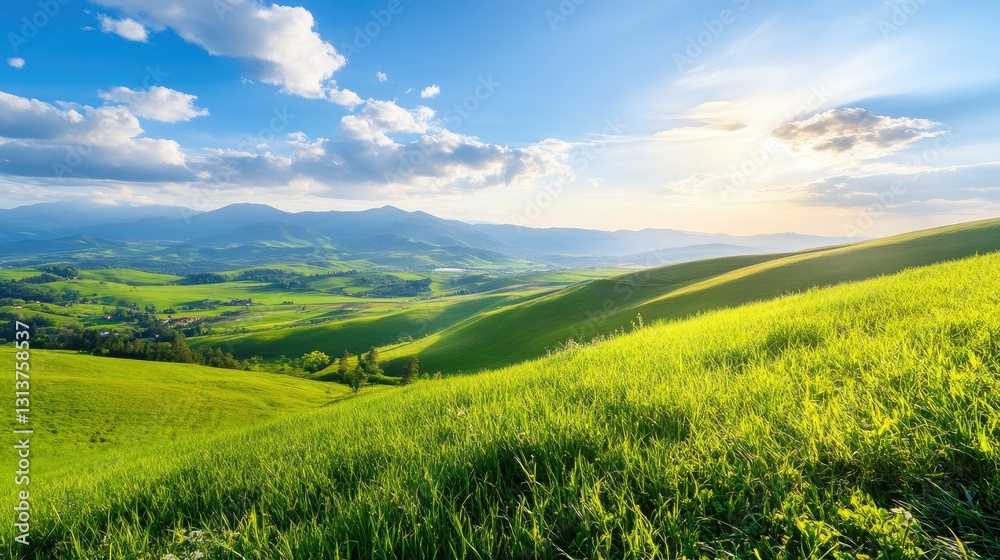 Obraz premium Lush Green Hills Under Bright Blue Sky and Gentle White Clouds