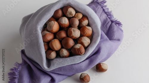 A unique lavender fabric bag filled with rich brown hazelnuts, delicately arranged on a crisp white background for a stylish and contemporary look.