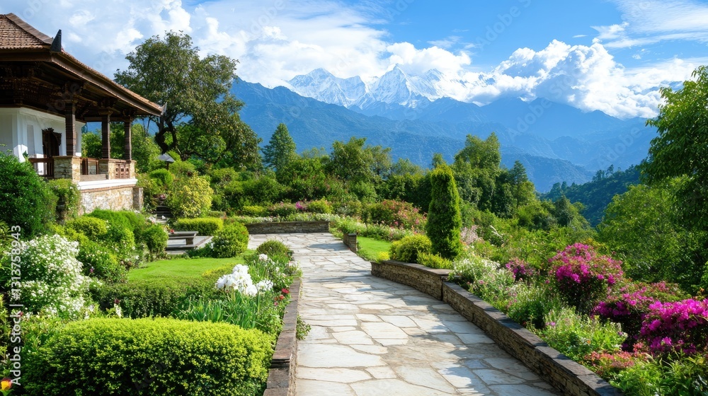 Serene Mountain Garden with Lush Greenery and Scenic Views Serene Mountain Garden with Lush Greenery and Scenic Views