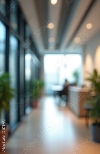 Blurred interior view of light modern office space with plants in pots near panoramic windows. Workspace with neutral color palette  minimalist design  bright lighting. Background for presentation 
