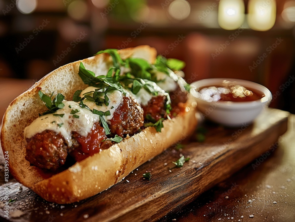 Delicious Meatball Submarine Sandwich on Rustic Wooden Board with Aromatic Herbs and Rich Sauce Delicious Meatball Submarine Sandwich on Rustic Wooden Board with Aromatic Herbs and Rich Sauce