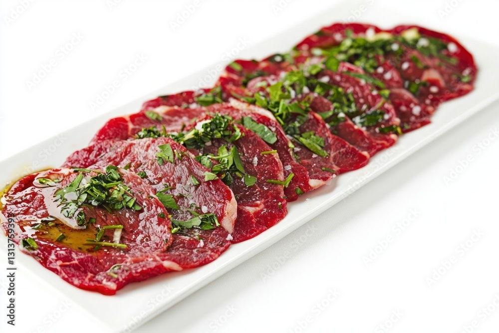 Raw Carpaccio Platter Displaying Artistic Arrangement with Fresh Parsley and Olive Oil on Sleek White Dish Raw Carpaccio Platter Displaying Artistic Arrangement with Fresh Parsley and Olive Oil on Sleek White Dish