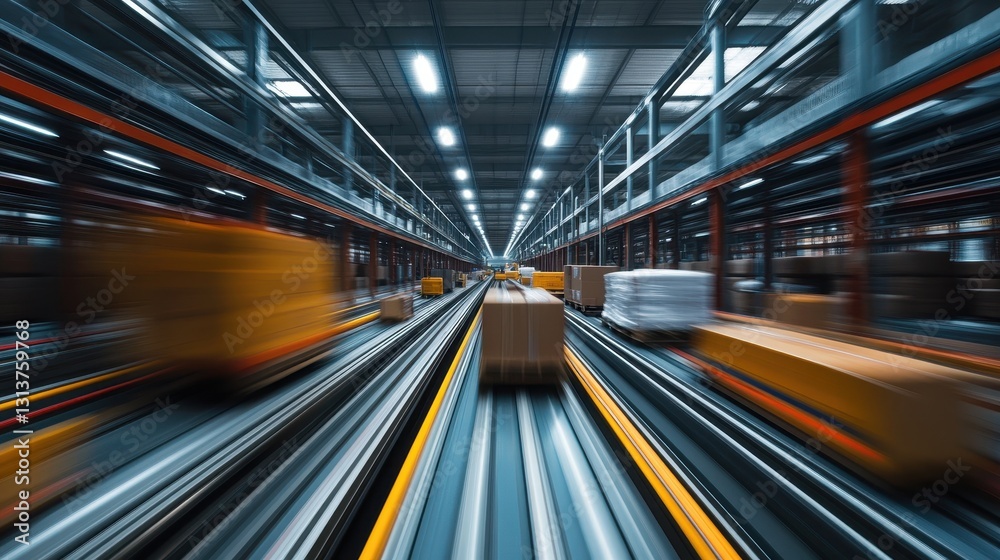 Fototapeta premium Dynamic motion in modern warehouse automation with conveyor belts and packages