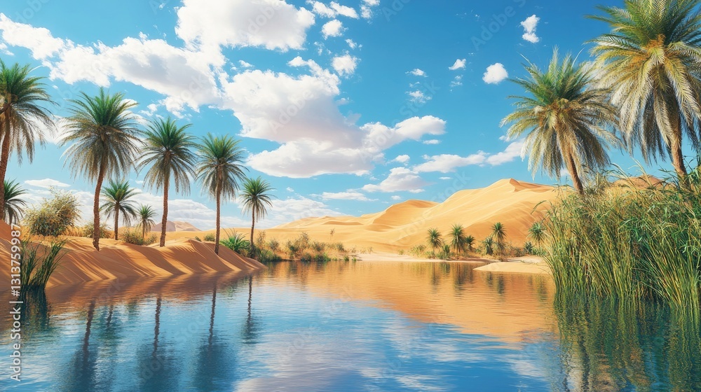 Serene Oasis in Desert Landscape with Palm Trees and Reflections on Calm Water Under Bright Blue Sky Serene Oasis in Desert Landscape with Palm Trees and Reflections on Calm Water Under Bright Blue Sky