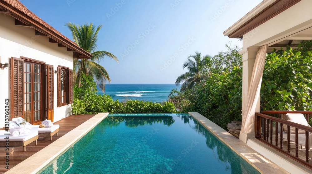 Fototapeta premium Serene Coastal Retreat with Infinity Pool Overlooking Ocean View