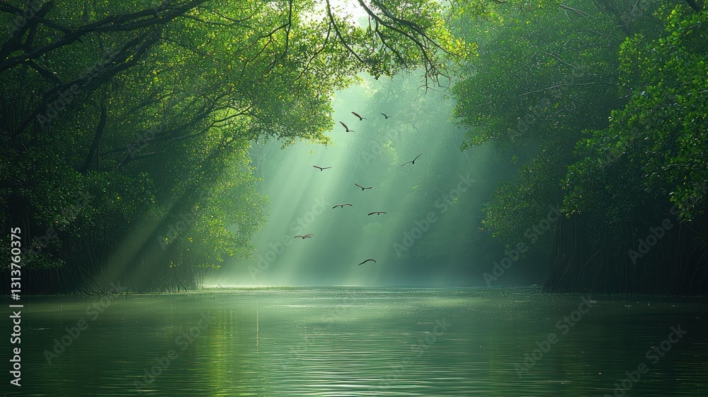 Sunbeams illuminate birds flying over tranquil mangrove river Sunbeams illuminate birds flying over tranquil mangrove river