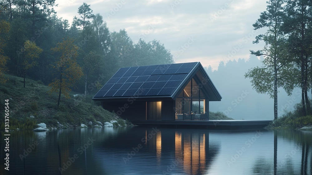 Modern solar panels integrated into a luxury summer cabins roof digital Modern solar panels integrated into a luxury summer cabins roof digital