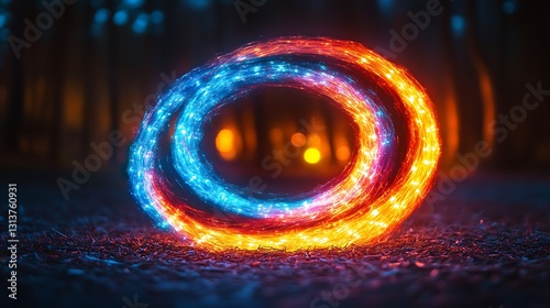 A long-exposure shot of spinning LED poi lights creating colorful trails at night