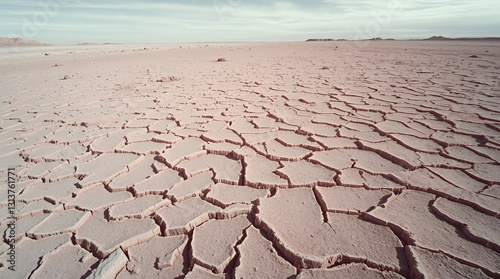 A wide, arid landscape with cracked, pinkish earth stretching to the horizon, suggesting extreme dryness and drought, possibly relevant to conditions near Lahore