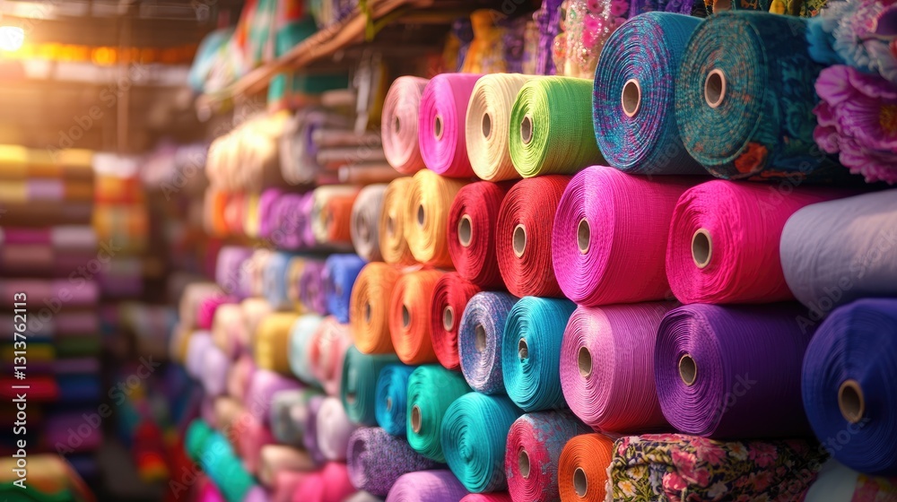 Fototapeta premium Colorful Fabrics Displayed on Spools in Craft Store