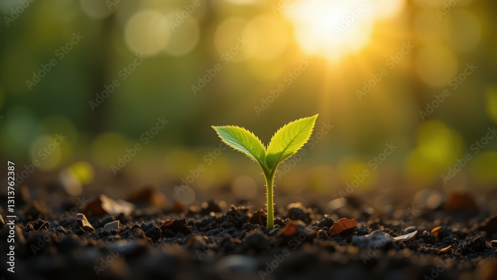 Small Green Seedling Growing in Dark Soil with Sunlight Glowing Through Trees in Background Small Green Seedling Growing in Dark Soil with Sunlight Glowing Through Trees in Background