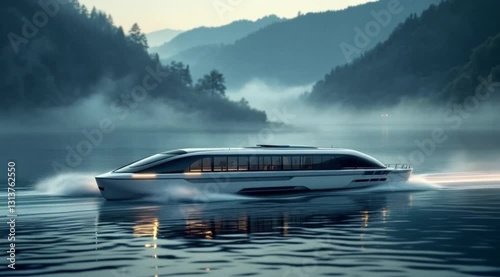 Wallpaper Mural Futuristic boat on misty lake, mountain backdrop; luxury travel Torontodigital.ca