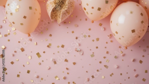 Soft Pink Background with Gold Confetti and Balloons for a Celebratory Event or Party photo