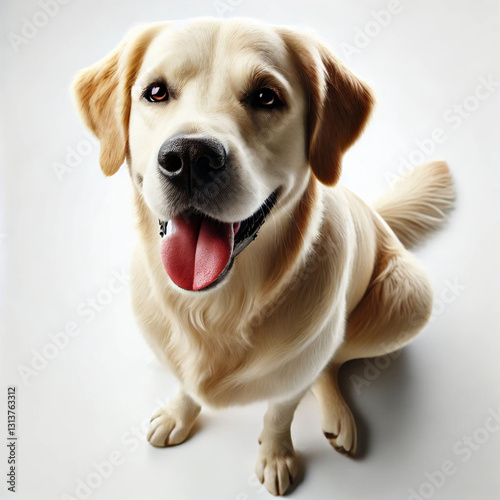 A Labrador Retriever sitting on a white background